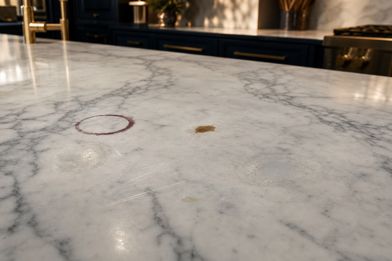 Close-up of unprotected marble with wine, coffee, oil, etching, and scratches