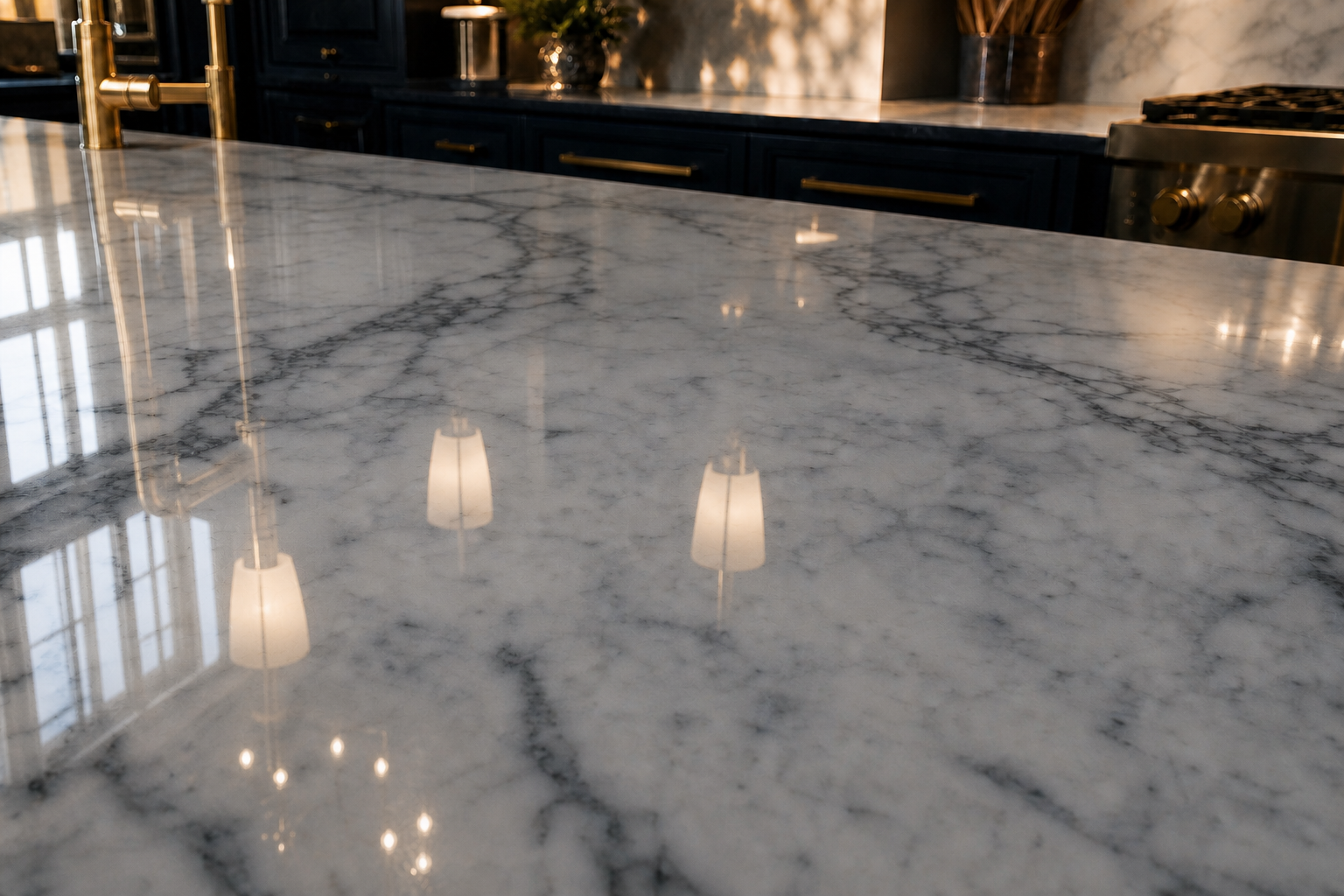 Glossy polished marble reflecting windows and pendant lights